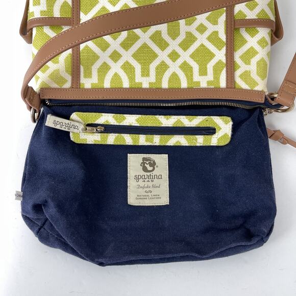 Spartina 449 Lime Lattice Linen Tan Leather Trim Heyward Shoulder Bag Purse